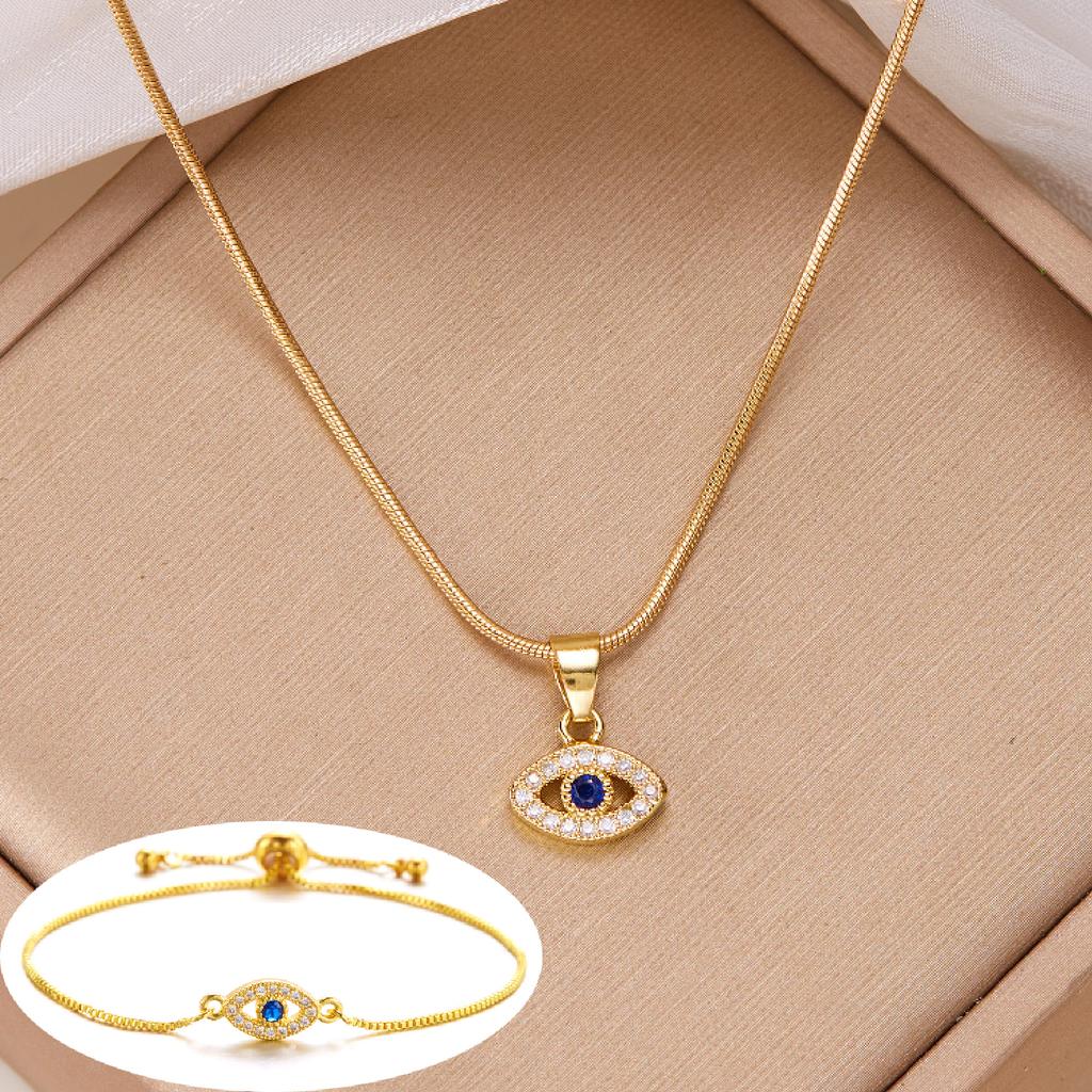 Stainless Steel Evil Eye Necklace Women Rhinestone Blue Eye Bracelet Clavicle Chain Snake Bone Chain Necklace Wedding Jewelry