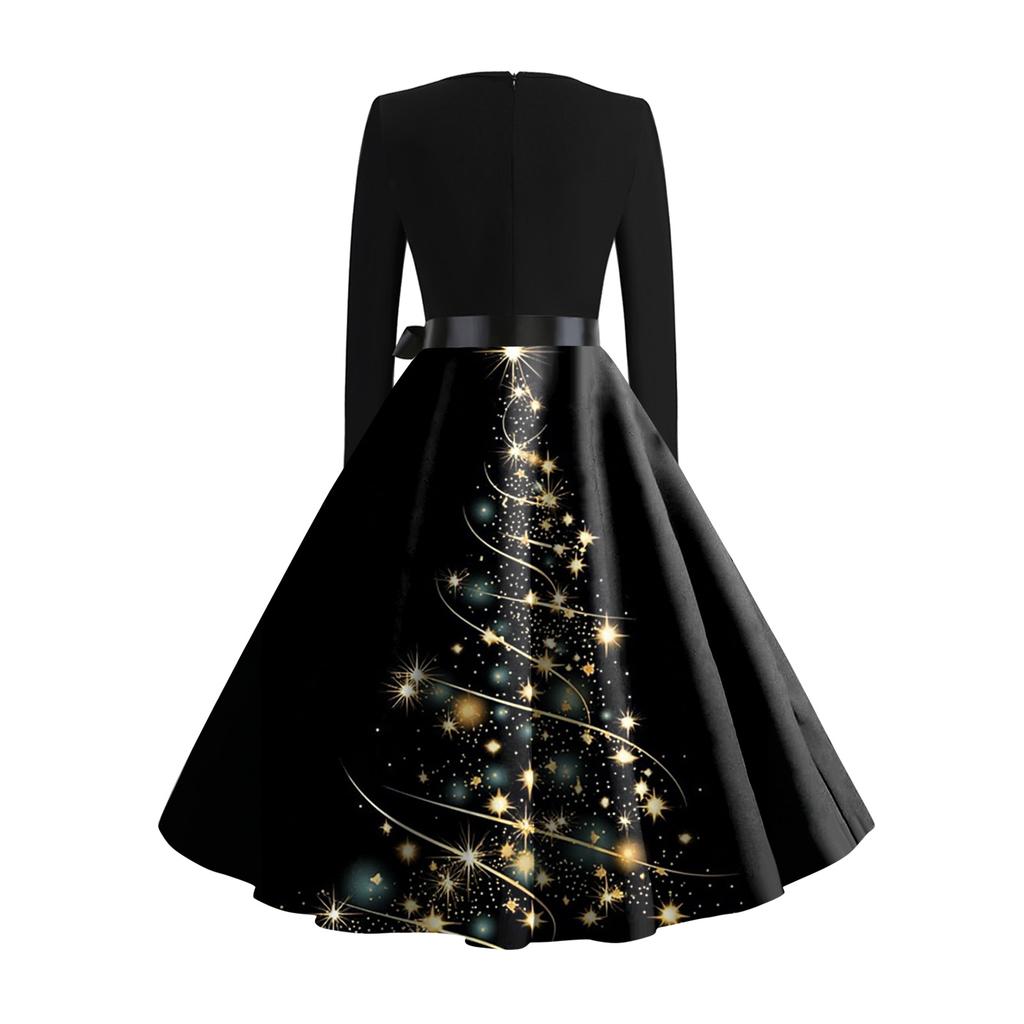 Women's Fashionable And Elegant Autun And Winter Long-sleeved Christmas Tree Print Dress