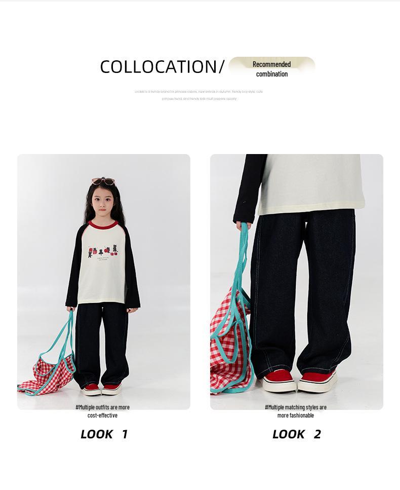 You Jia Meng Girls' Long-Sleeve Cotton T-shirt, Stylish Casual Print for Spring and Autumn