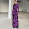 Mesh Print Women Maxi Dress Turtleneck Full Sleeve Bodycon Autumn Trendy Hipsters High Street Party Y2K Attirewear