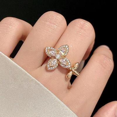 Bague Ouverte Fleur de Trèfle à Quatre Feuilles en Zircon - Style Cour Élégant Bijou de Main Exquis
