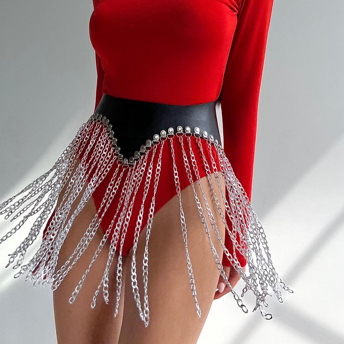 

Handmade Faux Leather Chain Belt Skirt, Gothic Pu Leather Fringe Harness Chain Skir, Rave Outfit Harness Belt.