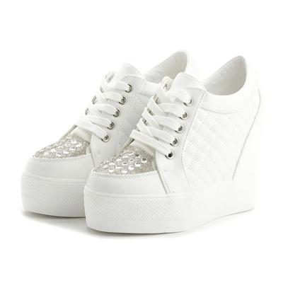 Fashion Platform Sneakers Wedge Heels Shoes for Women White Rhinestone Flat Increase Casual Mesh Tennis Women Lace Up Vulcanized Shoes