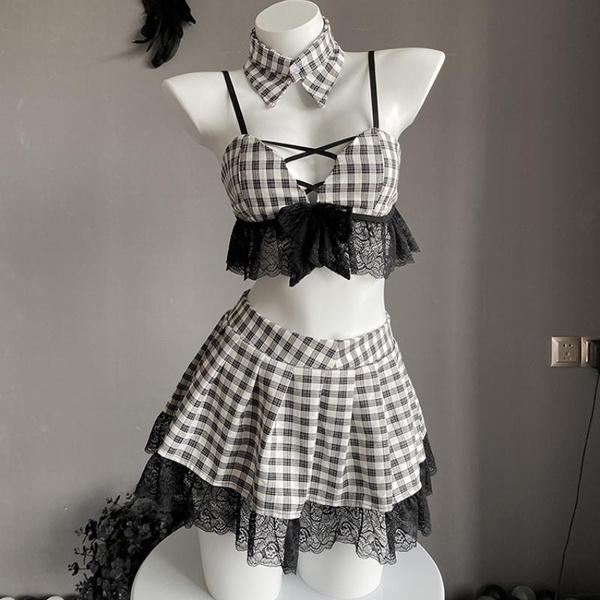 Women Schoolgirl Outfit Lace Hollow Out Backless Cosplay Costumes Student Uniform Sweet Sexy Lingerie Underwear Plaid Mini Skirt