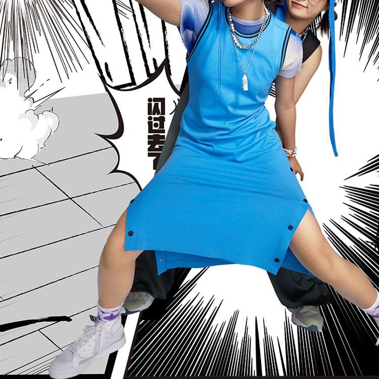 Adidas Neo Solid Color Side Button Round Neck Sleeveless Dress Women Dresses Blue HN0014