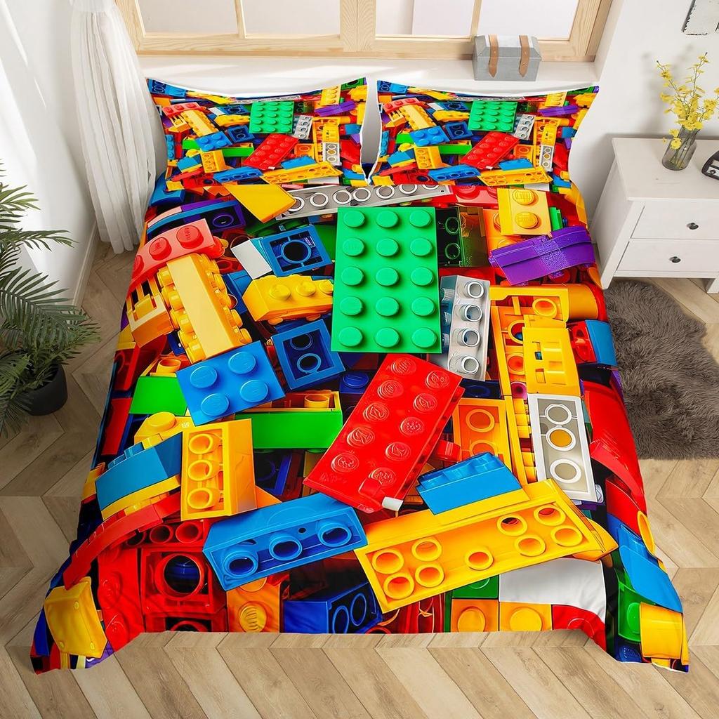 Building Block Duvet Cover Twin King Rainbow Construction Bedding Set Colorful Bricks Comforter Cover For Teen Girls Room Decor