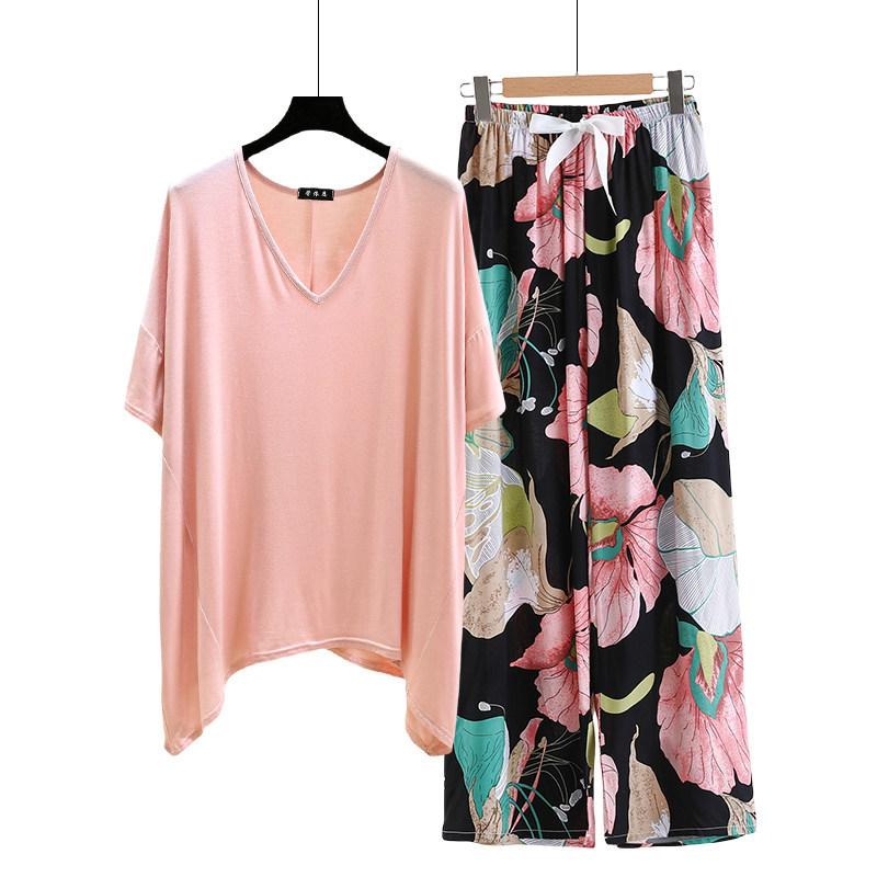 irregular Tshirt and floral wide leg pants summer women's casual pajamas sets Short sleeve homewear suit Loose lightweight Loungwear Plus size