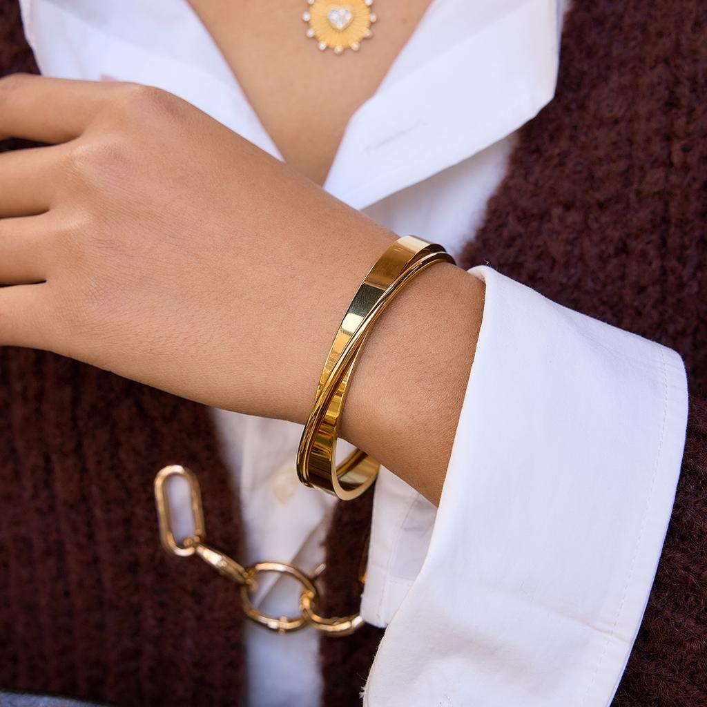 Youthway Minimalista 2 Piezas/Set Brazaletes Para Mujer Clásico Acero Inoxidable Chapado en Oro PVD 18K Joyería de Moda Regalo