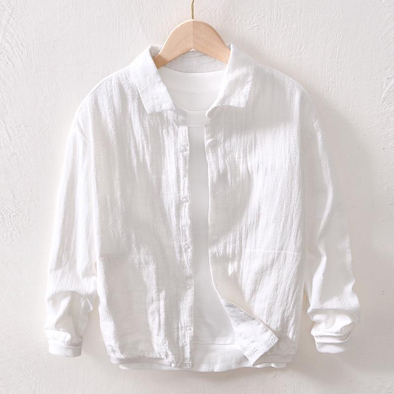 

L952 Men s Casual Ramie Baseball Jacket, Loose-Fit Youth Autumn Top In Cotton Linen. M белый