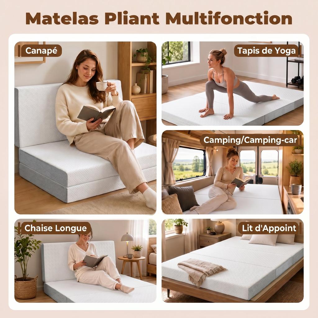 Folding Mattress, 3-Part, 140 x 190 x 15 cm, Gel Memory Foam Guest Mattress, White