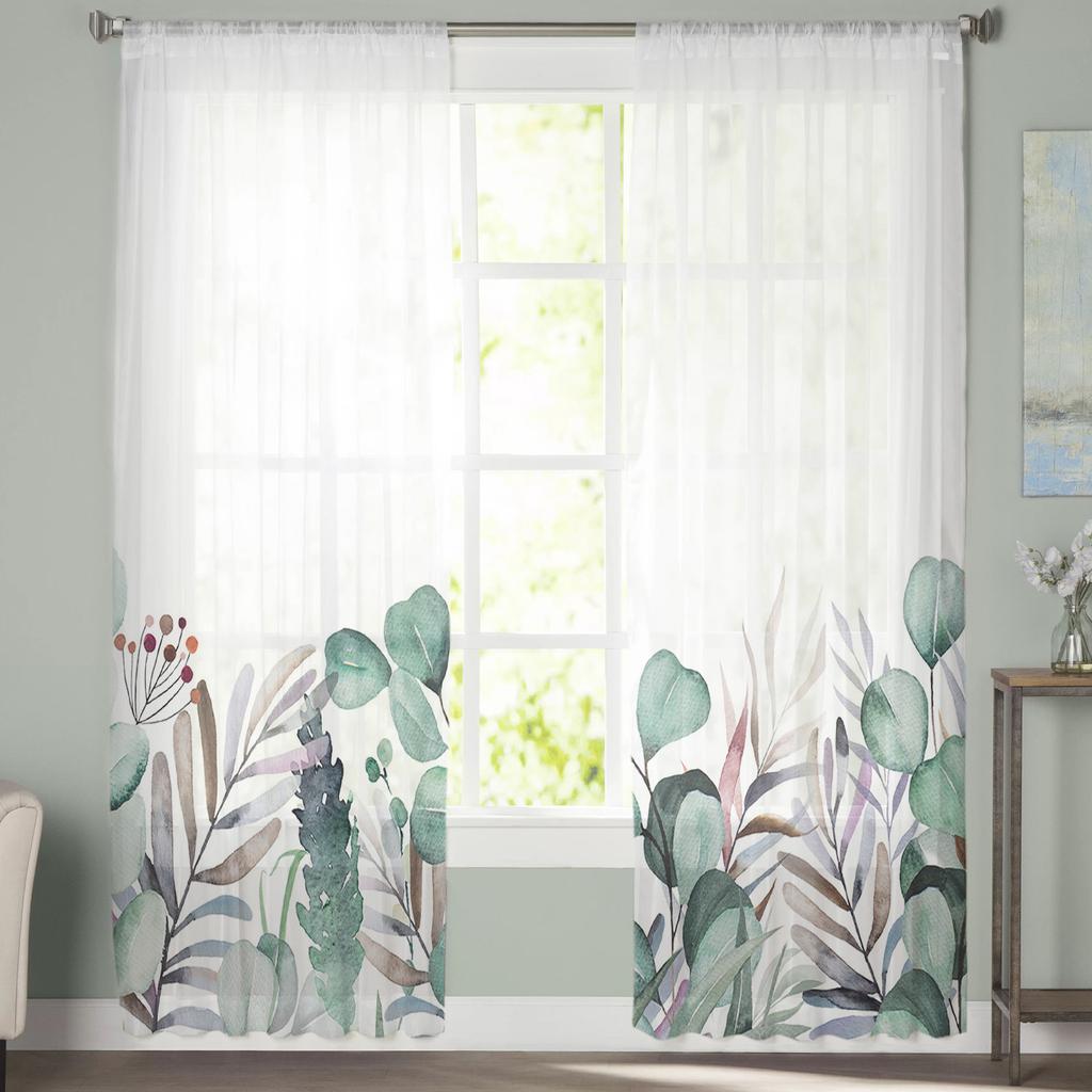 Pastoral Style Flowers And Eucalyptus Trees Sheer Curtains Bedroom Living Room Voile Window Curtains Tulle Curtains for Kid Room