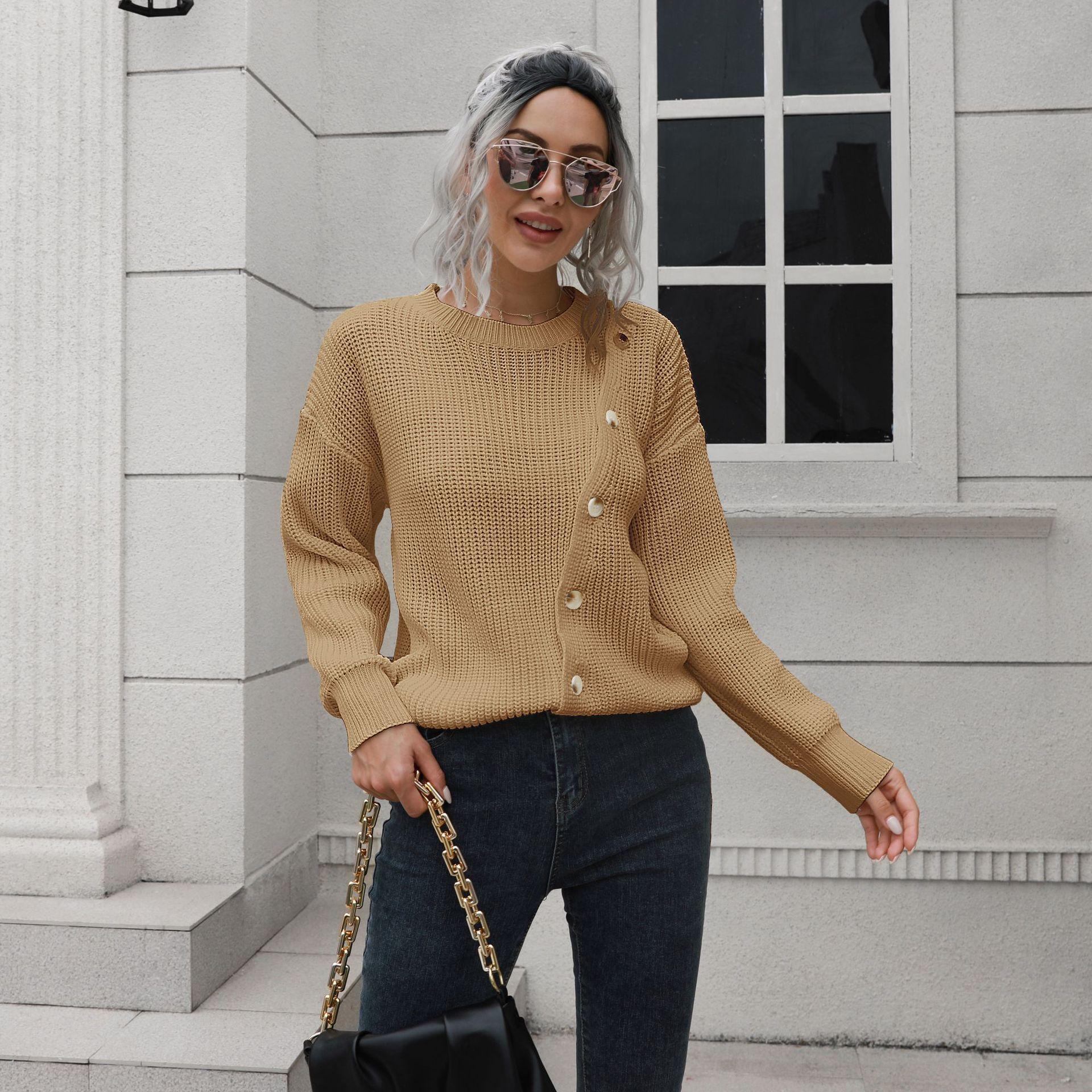 

GMXIA женские модные повседневные однотонные принты осень-зима с длинными рукавами и круглым вырезом свободные свитера L светло-синий