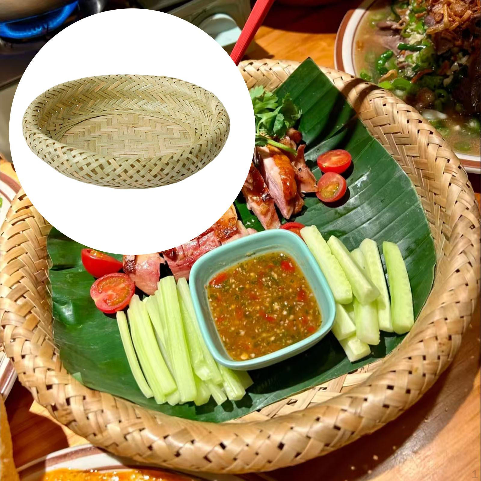 

Bamboo Round Serving Tray Basket Accessories Craft Decorative Circle Food Hand Woven Dish for Small