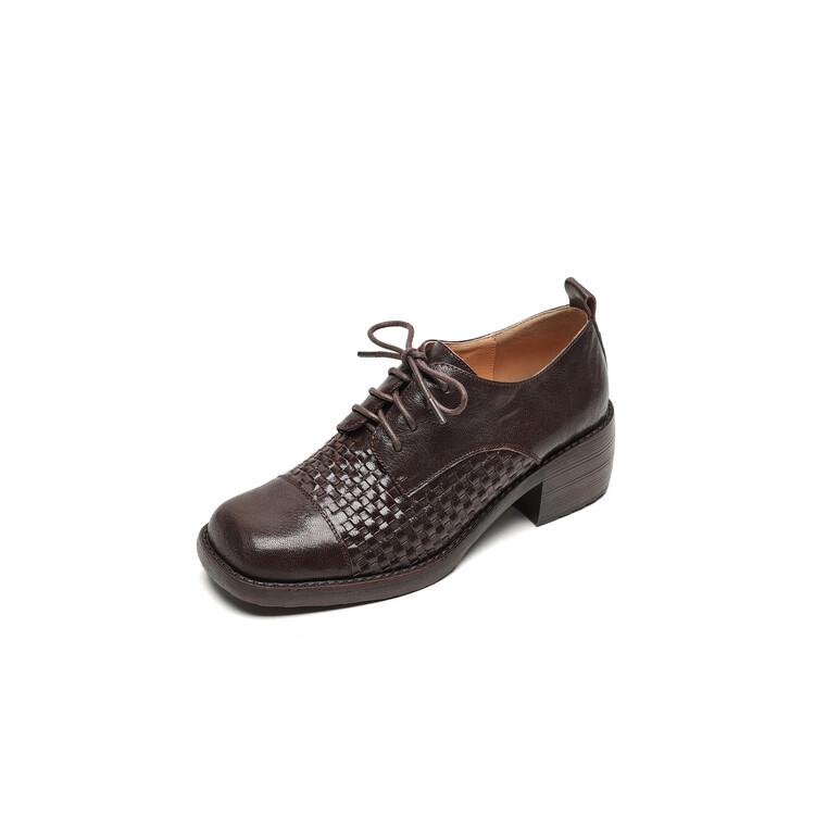 Fashion NEW Spring/Autumn Women Pumps Square Toe Chunky Heel Shoes Genuine Leather Shoes for Women Retro Weave Lace-up Women Loafers