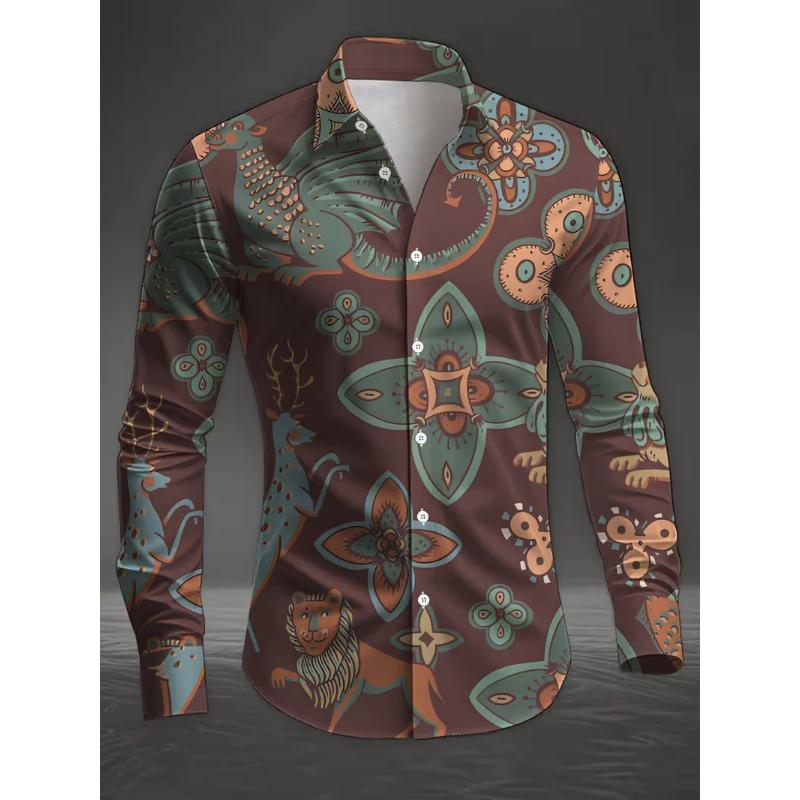 New men's fashionable 3D animal printed shirt with casual long sleeves and flower button design, fashionable shirt top