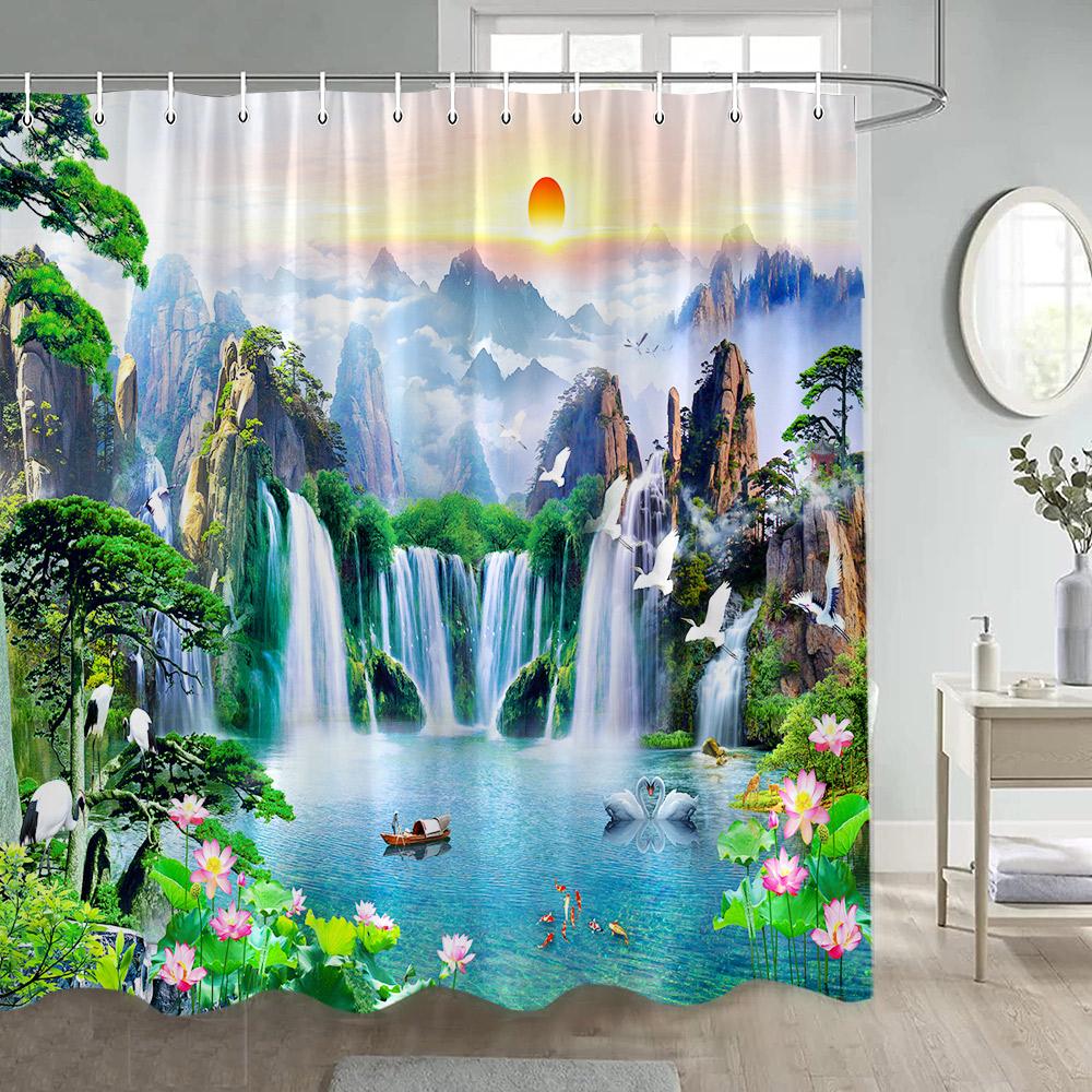 Rustic Waterfall Landscape Shower Curtains Nature Forest Lake Lotus Swan Chinese Style Bathroom Curtain Home Decor With Hooks