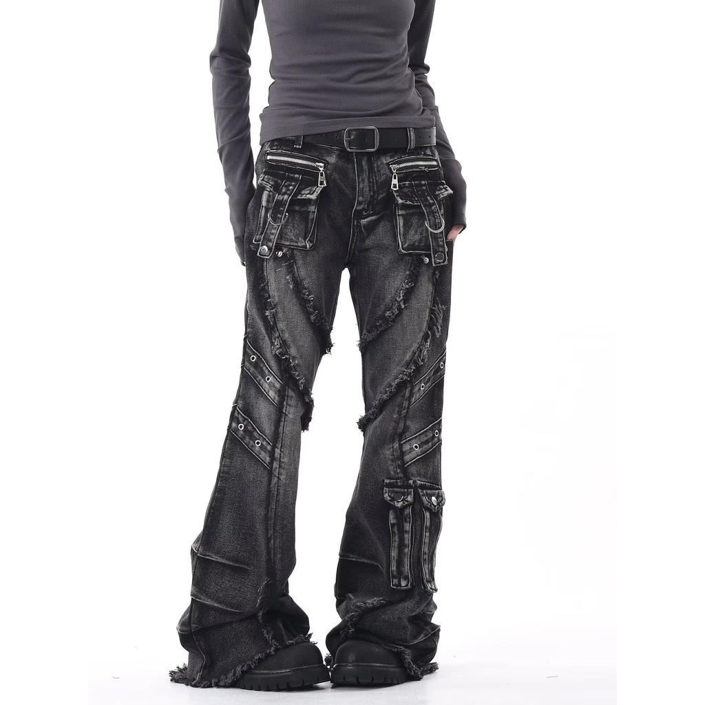 Women's Washed Micro-Flare Jeans with Frayed Edges and 3D Pockets