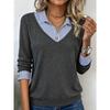 Damen S Langarm V-Ausschnitt Gestreiftes Patchwork T-Shirt Stricktop Freizeitkleidung