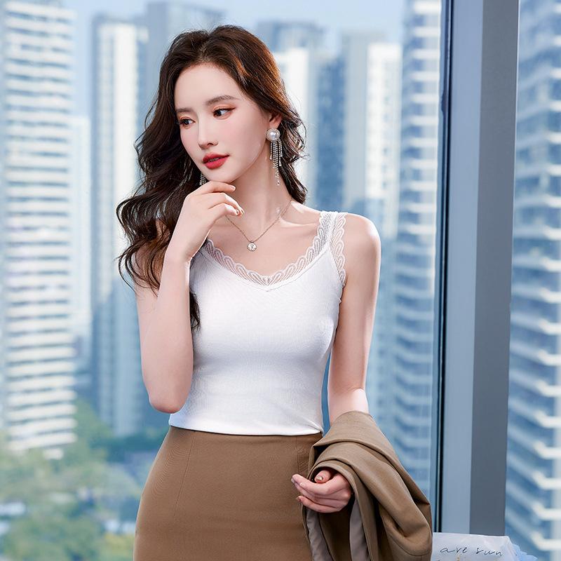 Solid color high elastic sling vest for women, spring and summer new suit with bottoming shirt and slim lace top