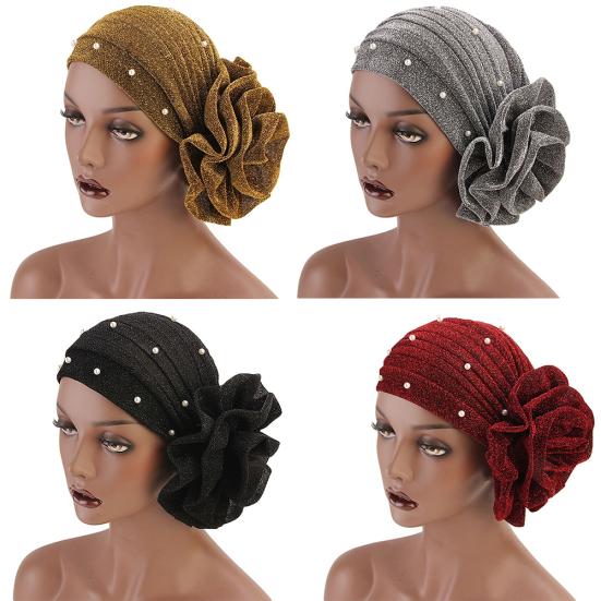 Fashion Faux Pearl Decor Big Flower Women Elastic Hat Soft Head Wrap Cap Gifts