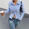 Women's Blue White Striped Button Down Shirt Long Sleeve Bell Sleeve Crop Top Casual Blouse