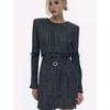 Spring New Arrival Women's Clothing Fashion Style round Neck with Belt Casual Padded Shoulder Ruched Dress 1245453