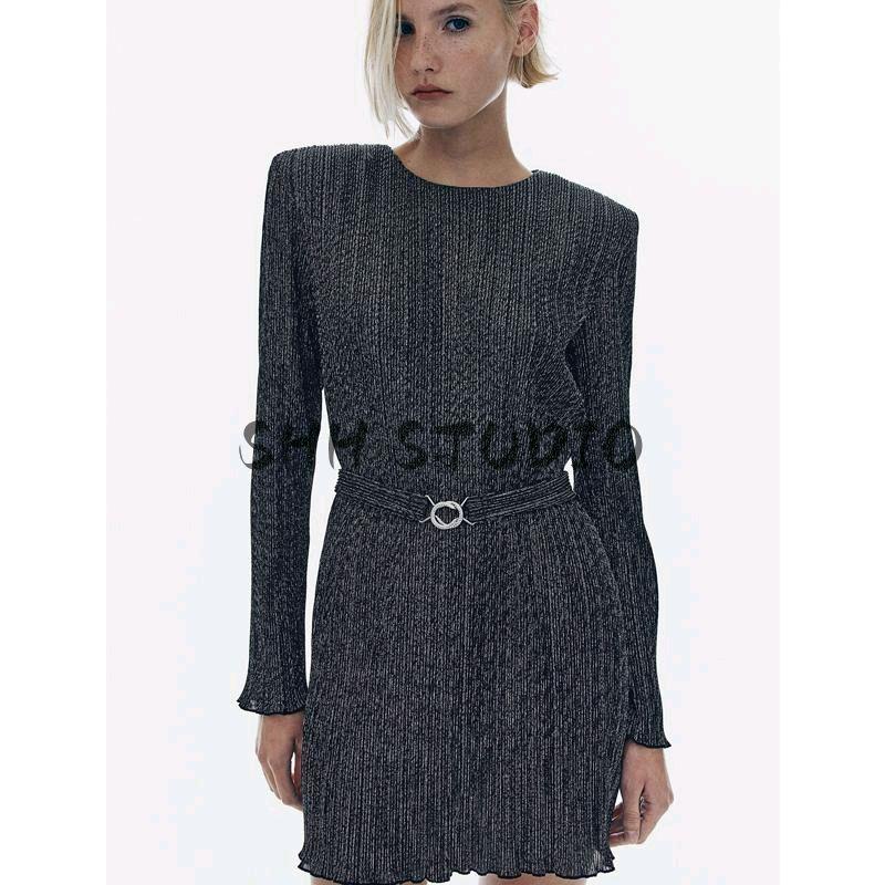 Spring New Arrival Women's Clothing Fashion Style round Neck with Belt Casual Padded Shoulder Ruched Dress 1245453