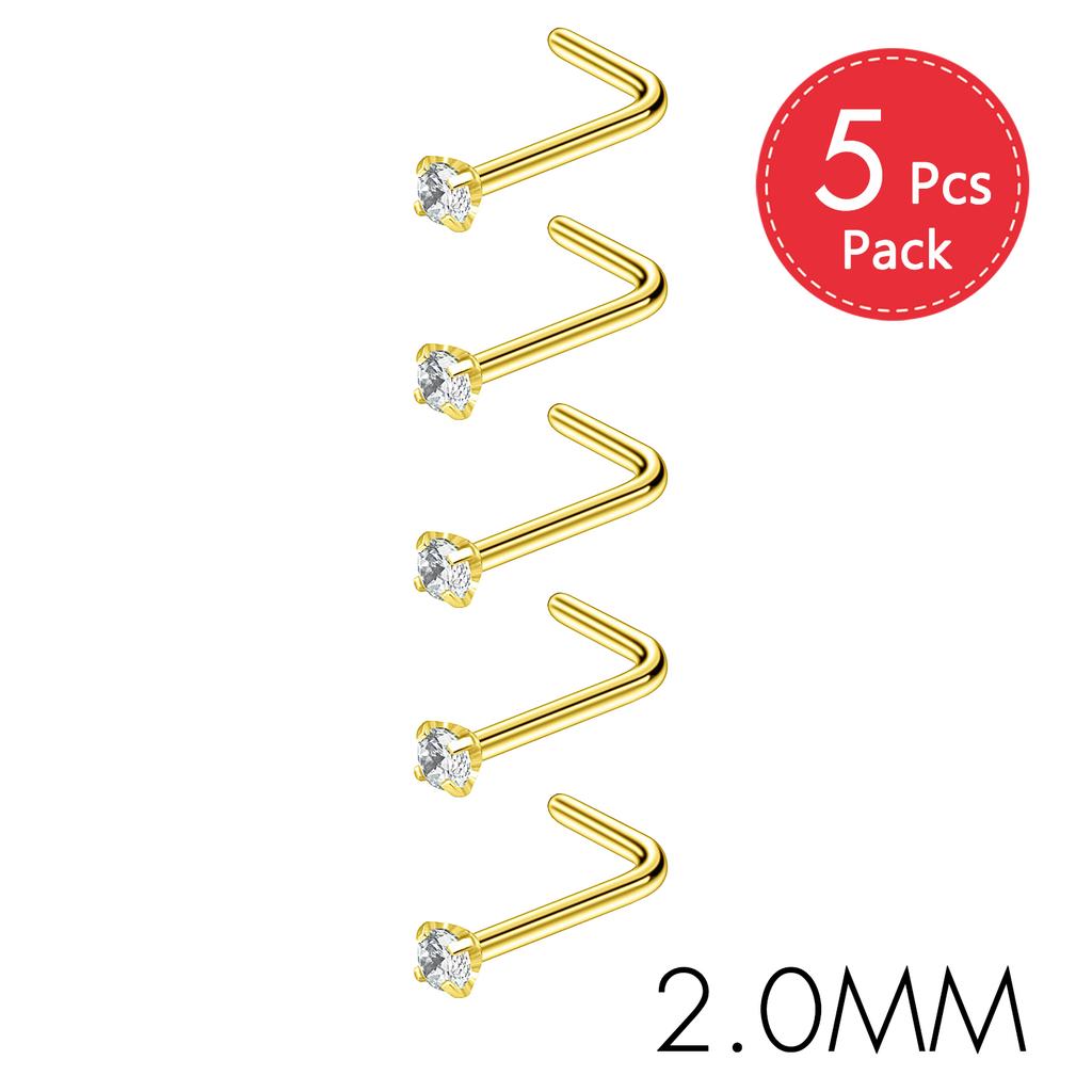 5Pcs CZ Gem Stainless Steel Nose Piercing Stud Crystal Nariz Body Jewelry S L Bone Shape Nostril Rings for Women Girl 20g 0.8mm
