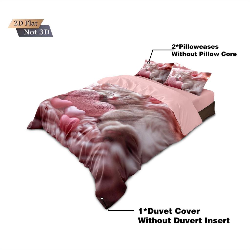 3pcs Valentine's Day theme cute cat print coreless down duvet cover set multi size bedroom bedding holiday decoration