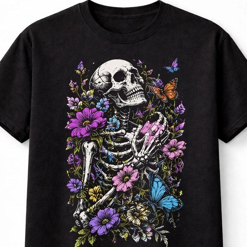 Skeleton Butterfly Floral Skull Gothic Dark Art Unisex TShirt S