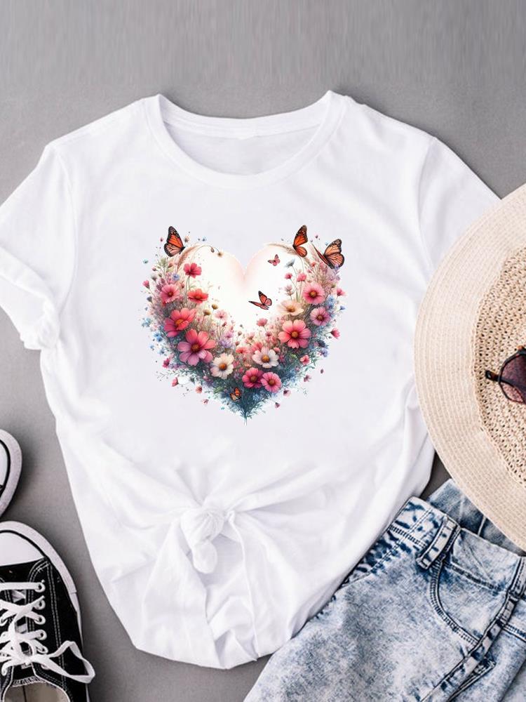 (Asian Size) Print Short Sleeve T-shirts Love Heart Style Trend Fashion Female Casual Women's Top T Clothing Graphic Tee
