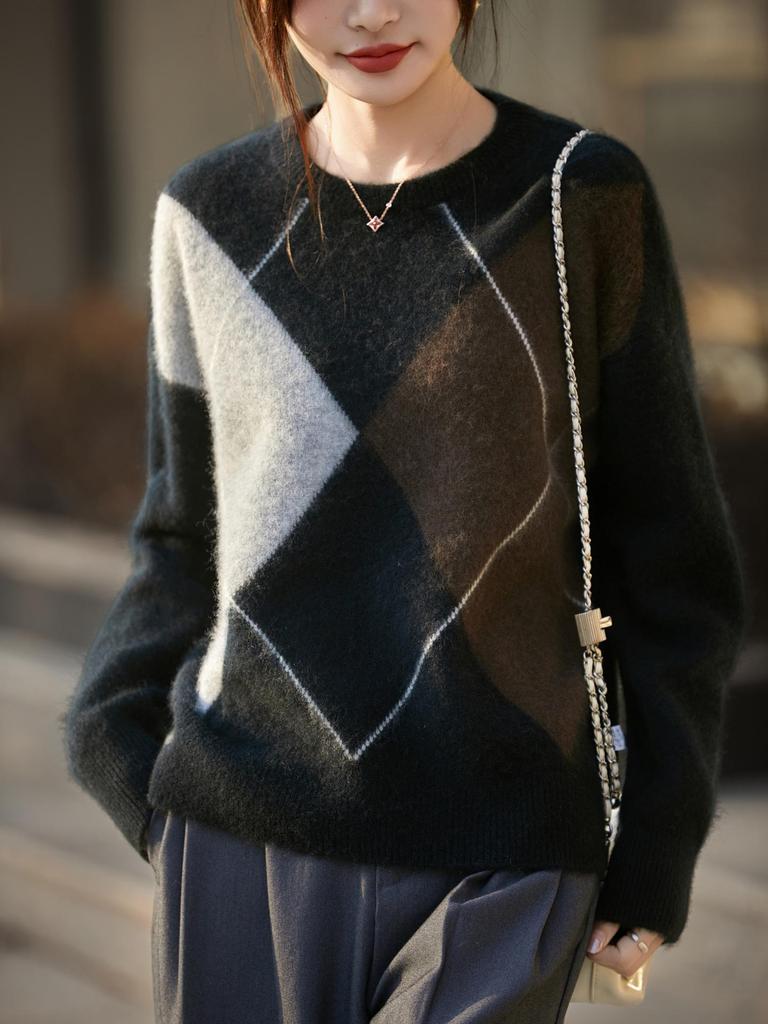 Women's Pure Wool Long Sleeve Jacquard Pullover - Autumn/Winter Round Neck Base Layer