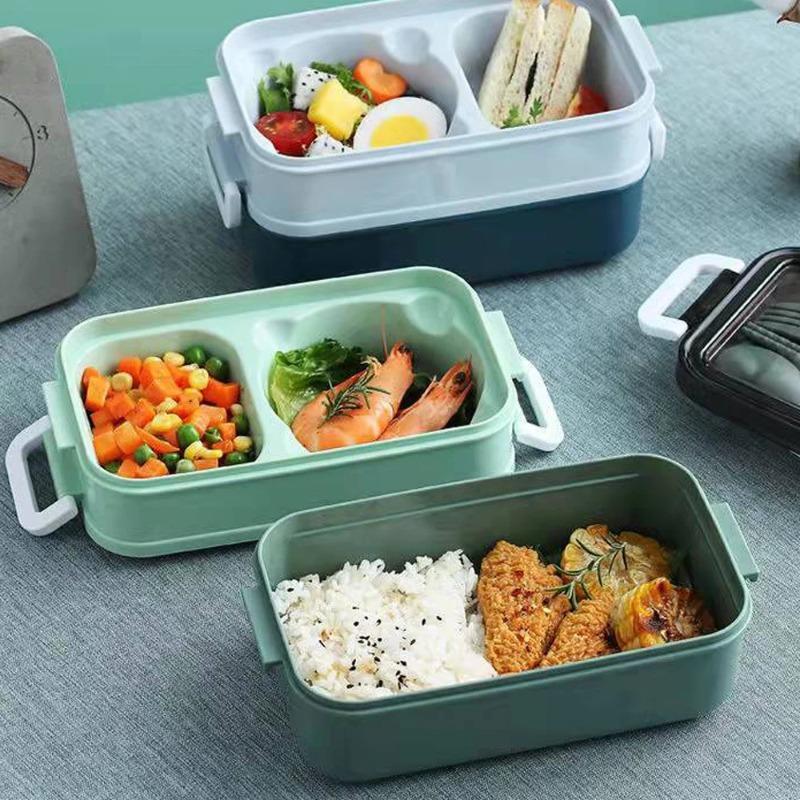 1PC 1400ml Double-layer Lunch Box Portable Compartment Food Box Microwave Lunch Box With Fork Chopsticks And Spoon Picnic Fresh