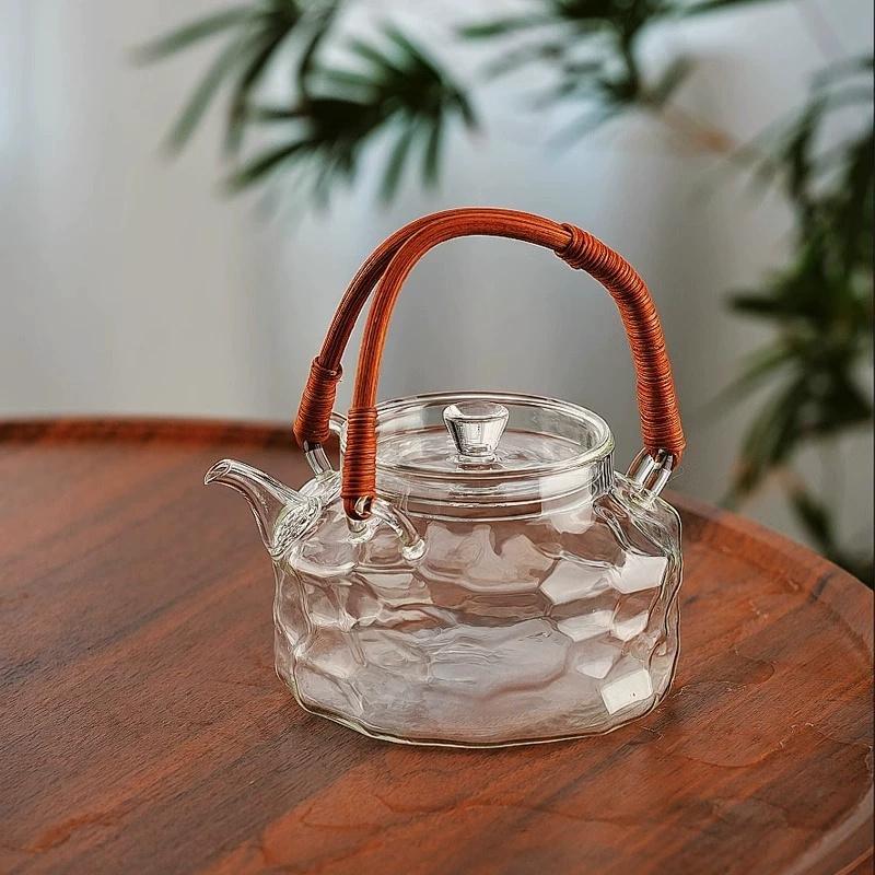 800ml Rattan Woven Handle Irregular Surface Heat-resistant Glass Teapot Boiling Flower Puer Oolong Tea Pot Kungfu Tea Set