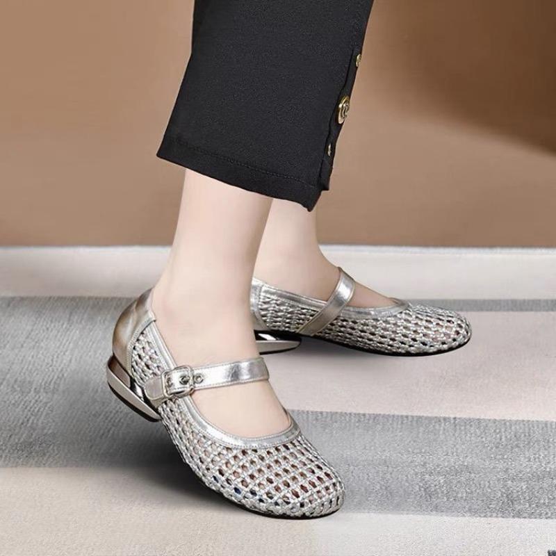 Beautiful woven hollow Mary Jane shoes women's sandals summer thick heel soft sole flat sandals