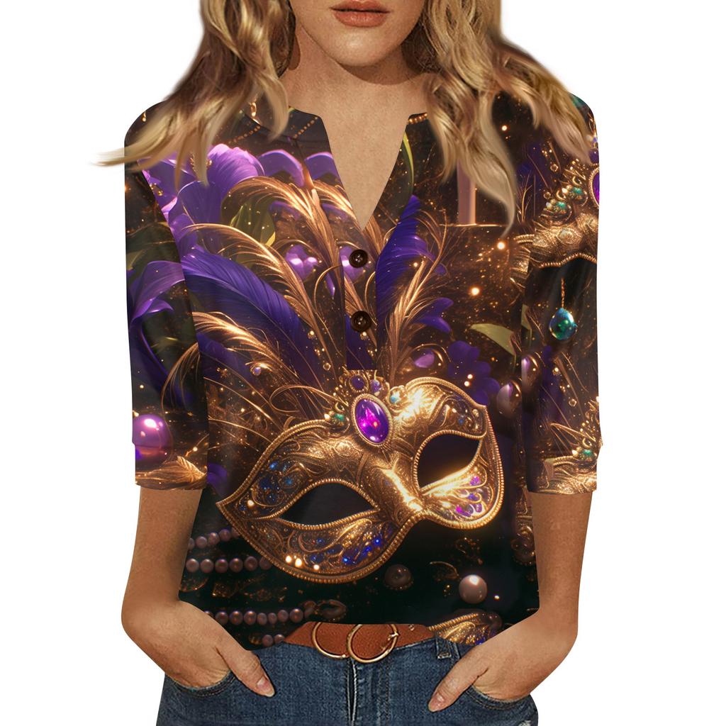 Women's Carnival Printed Fashionable Casual V-neck Button Seven Inch Sleeve T-shirt Top