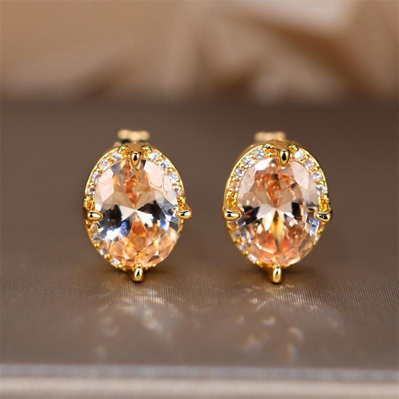 Crystal Female Red Oval Zircon Stud Earring Luxury Small Stone Earrings Charm Yellow Gold Color Wedding Jewelry For Women