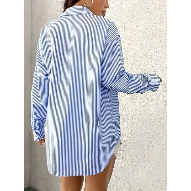 Dame Stripet Cardigan Løs Casual Langermet Skjorte Topp