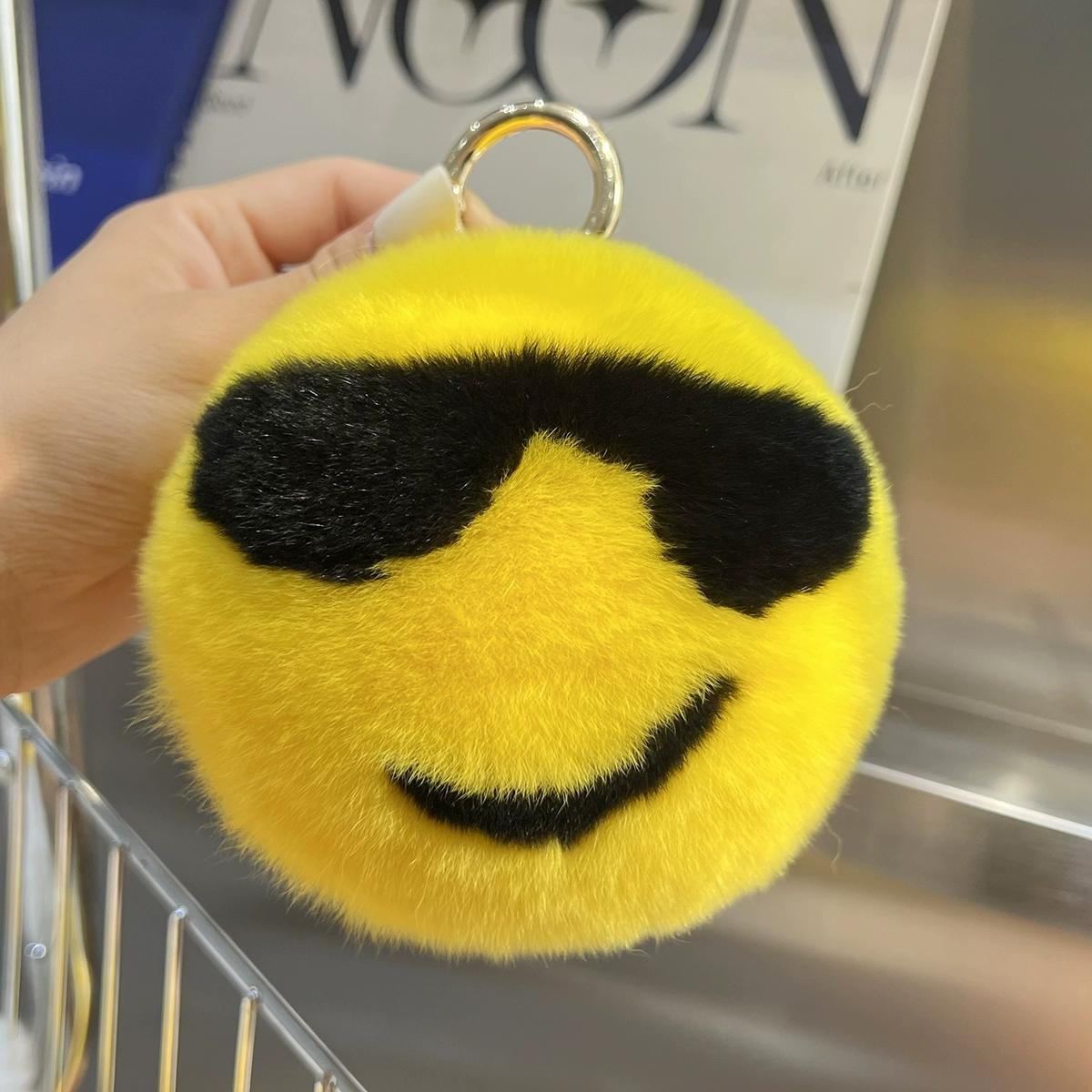 

Ugly cute Rex rabbit hair emoji, car keychain pendant ins pom pom smiley face, bag pendant gift.