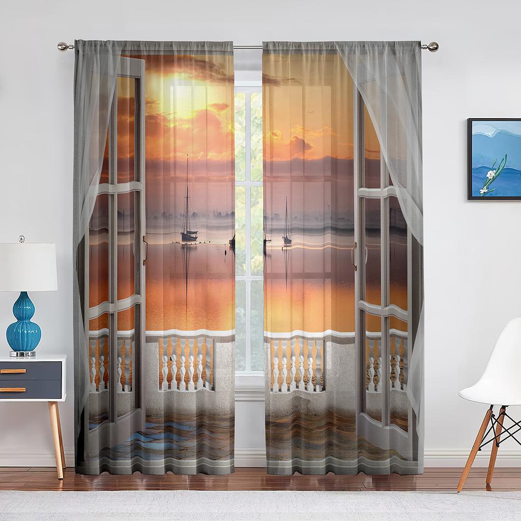 Beach Sea Ocean Sunset Cortinas Windows Scenery Curtains for Living Room Kitchen Blinds Windows Curtains for Bedroom Decor 2pcs