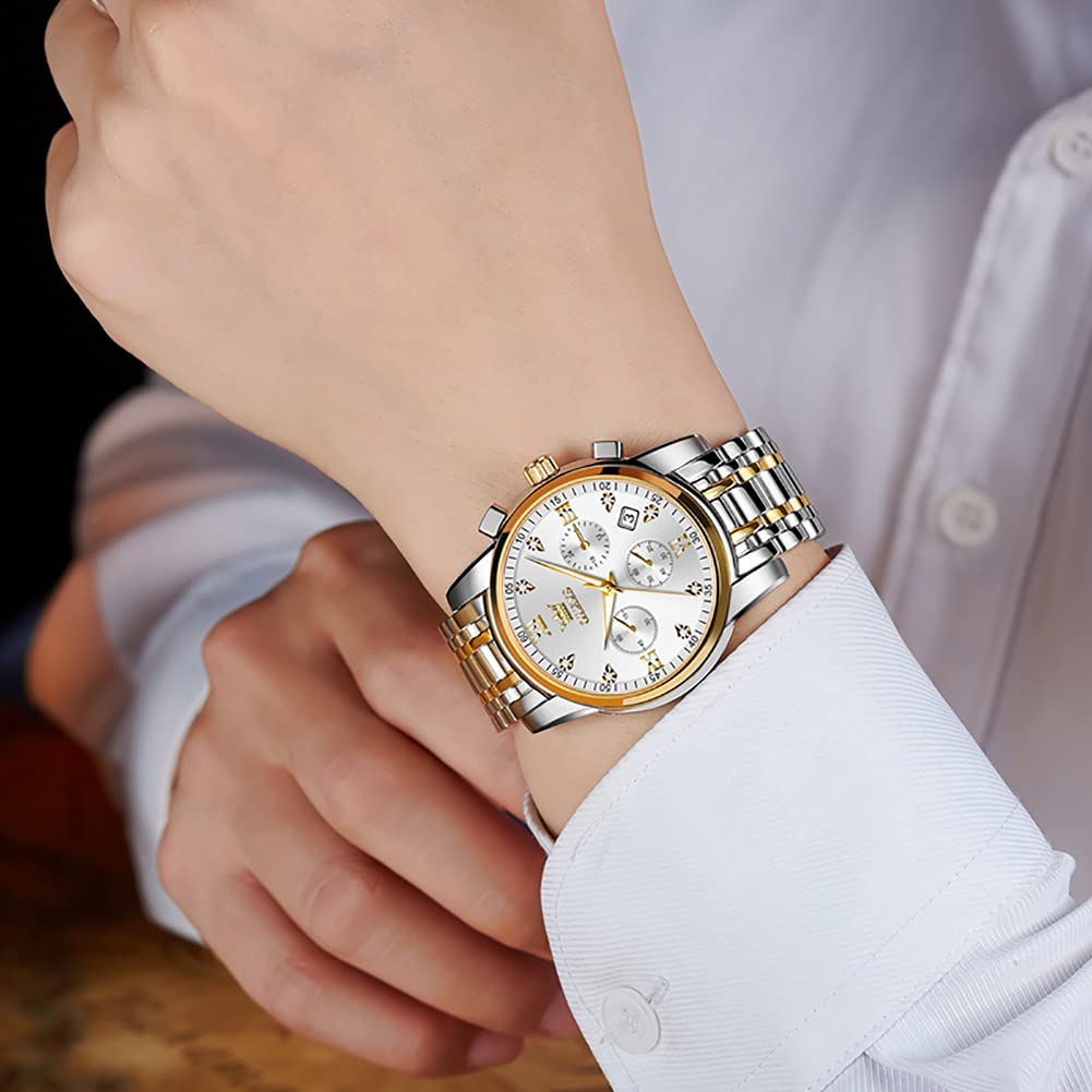 Olevs Silver Business Popular Waterproof Quartz Analog Watch with Large Date Casual and Cool Metal Sporty Jam Tangan Pria Men's Watch, Dial, Display,