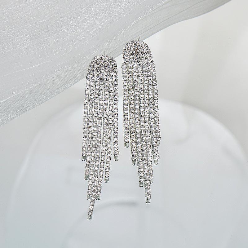 European and American Long Fringed Rhinestone Exaggerated Earrings, Earrings, Personalized Women's Earrings