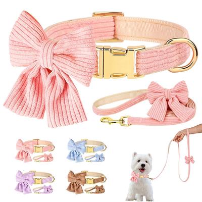 Süßes rosa Hundehalsband-Leinen-Set mit Fliege, verstellbar, weiches Samt-Haustierhalsband und Leine für kleine und mittelgroße Hunde, Hundezubehör