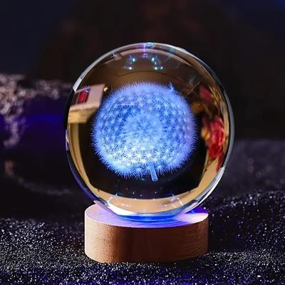 1 Pc 3D Laser Dandelion Carved Crystal Ball Light, Nightlight Decoration, Holiday Party, Classmate Award Anniversary Souvenir