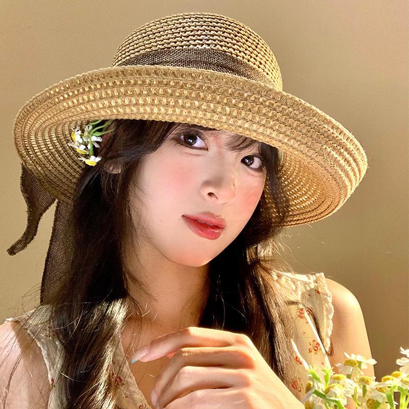Bow Streamer Straw Hat Women's Summer Seaside Beach Vacation Wind Sun Hat French Retro Sunshade Sun Hat