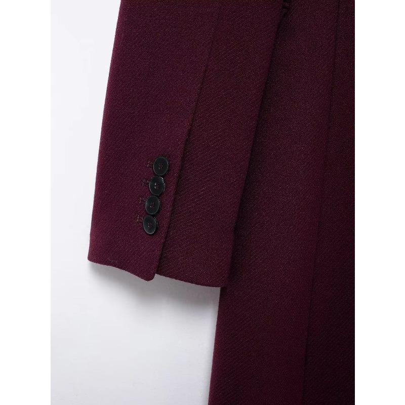 Women Fashion Burgundy Coat Double Breasted Long Sleeve Lapel Blends Jacket High Street Outerwear