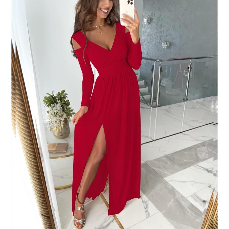 New Long Sleeved Off Shoulder V-neck Party Dress Spring Autumn Solid Color Hem Split A-line Loose Long Evening Dresses Casual Female Slim Fit Clothing