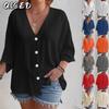 Women's Fashion Casual Solid Color Print Long Sleeve V Neck Blouses & Shirts