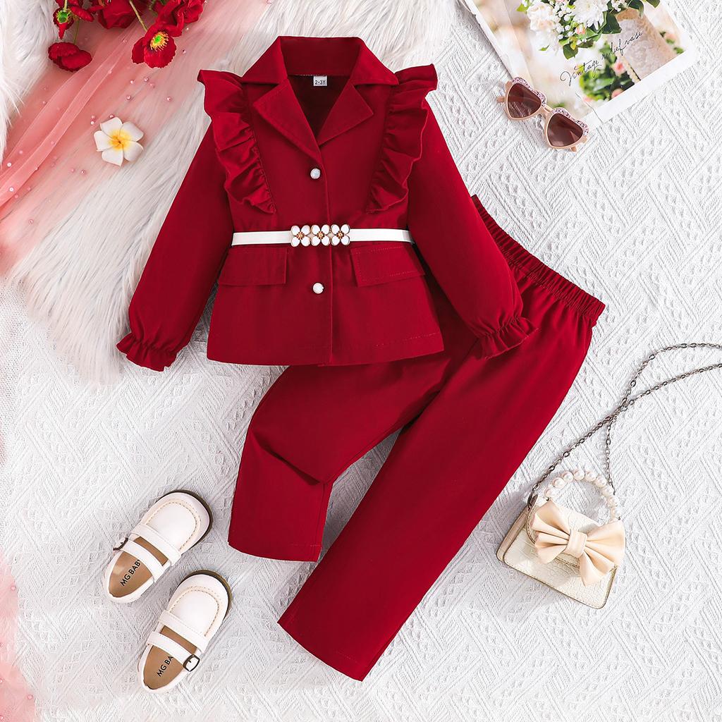 Autumn Winter New Girls' Long Sleeve + White Belt Top Ruffled Blazer Long Pants Three-Piece Set
