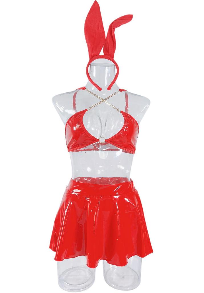 European Patent Leather Bunny Girl Costume Set: Nightclub Role-Playing Erotic Lingerie